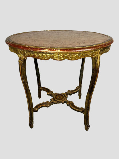French Marble Top Table Carved Stretcher Base Antique 19th Century