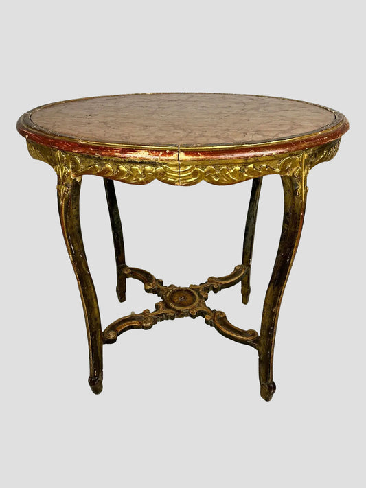 French Marble Top Table Carved Stretcher Base Antique 19th Century
