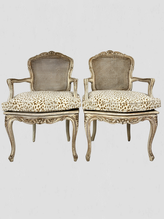 Painted Frame Caned Back French Leopard Arm Chairs Pair
