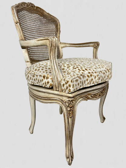 Painted Frame Caned Back French Leopard Arm Chairs Pair