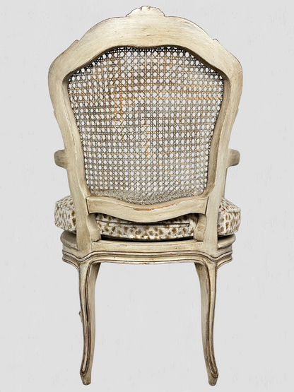 Painted Frame Caned Back French Leopard Arm Chairs Pair
