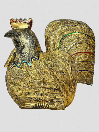 Large Solid Wood Carved Golden Rooster Sculpture