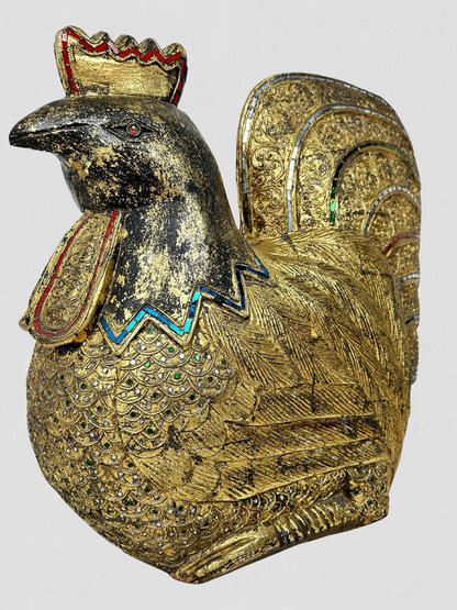Large Solid Wood Carved Golden Rooster Sculpture