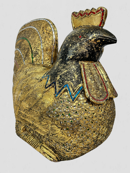 Large Solid Wood Carved Golden Rooster Sculpture
