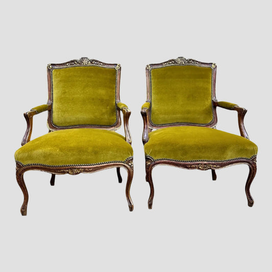 Louis XV Armchair Newly Upholstered Velvet and Schumacher Linen Pair