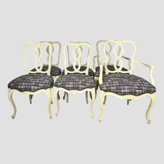 Mid-Century Carved Ribbon Back White Dining Chairs Set of 6 Holland & Sherry Fabric