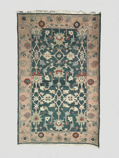 Turkish Rug Teal Field with Peach Border