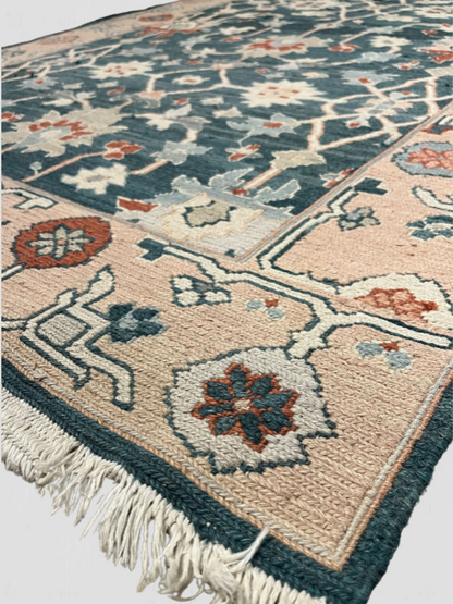 Turkish Rug Teal Field with Peach Border