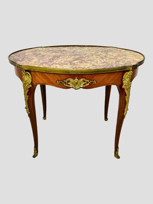 Vintage Fruitwood Louis XV Style Marble Top Coffee Table Ormolu Mounts